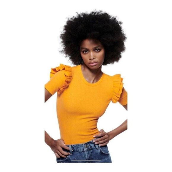 NWT Zara orange ruffle shoulder rib bodysuit, S - Picture 4 of 13